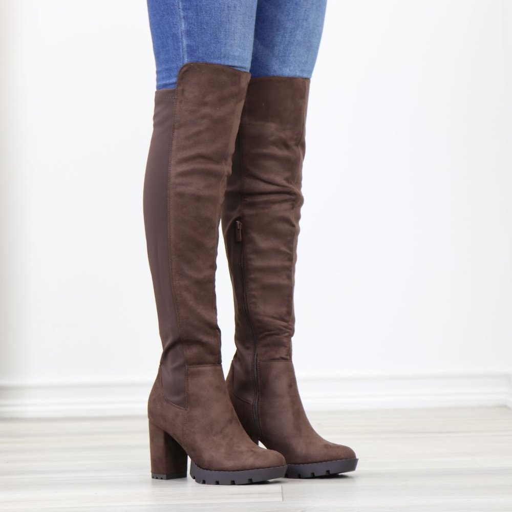 Brown Thigh High Over The Knee Lug Block Heel Boots Faux Suede Round Toe - Picture 2 of 16